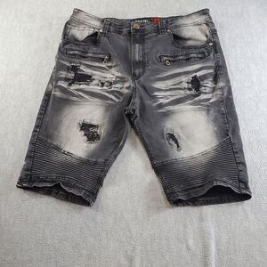 Makobi Shorts Men 38 Gray Denim Stretch Flat Front Regular Fit Distressed Biker